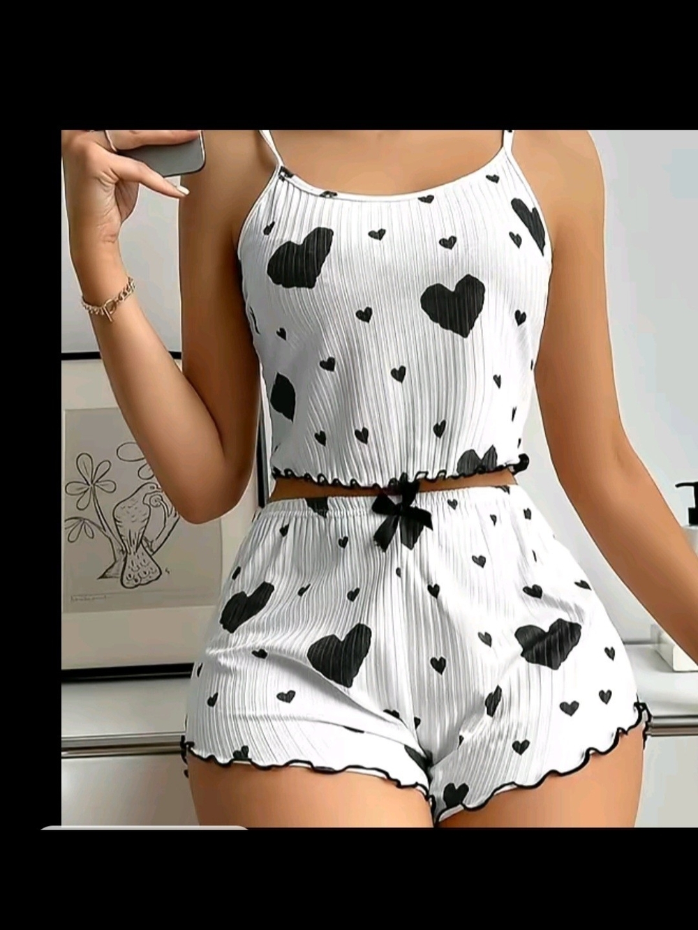 Women's Black & White Heart Print Ribbed Cami and Short Pajama Set